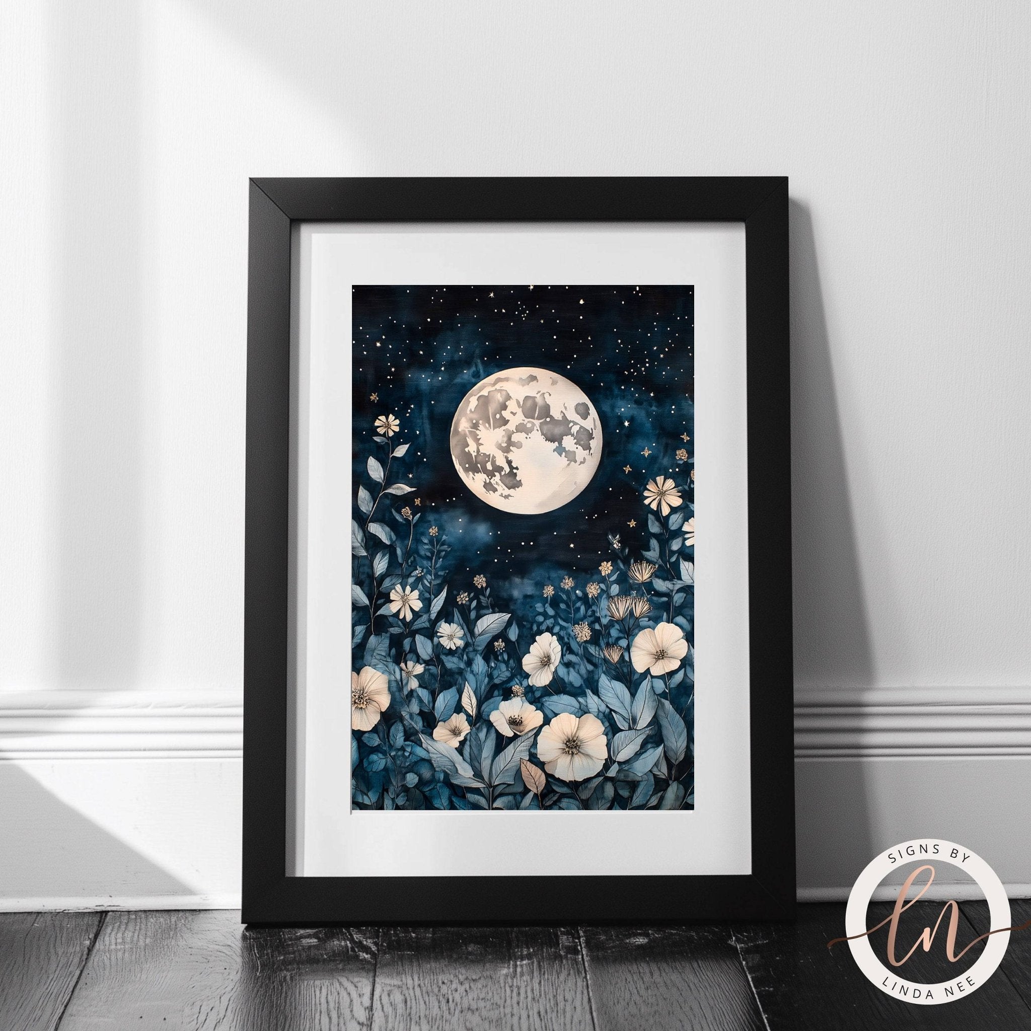 Full Moon Celestial Botanical Wall Art Print - Available on Metal or Fine Art Paper