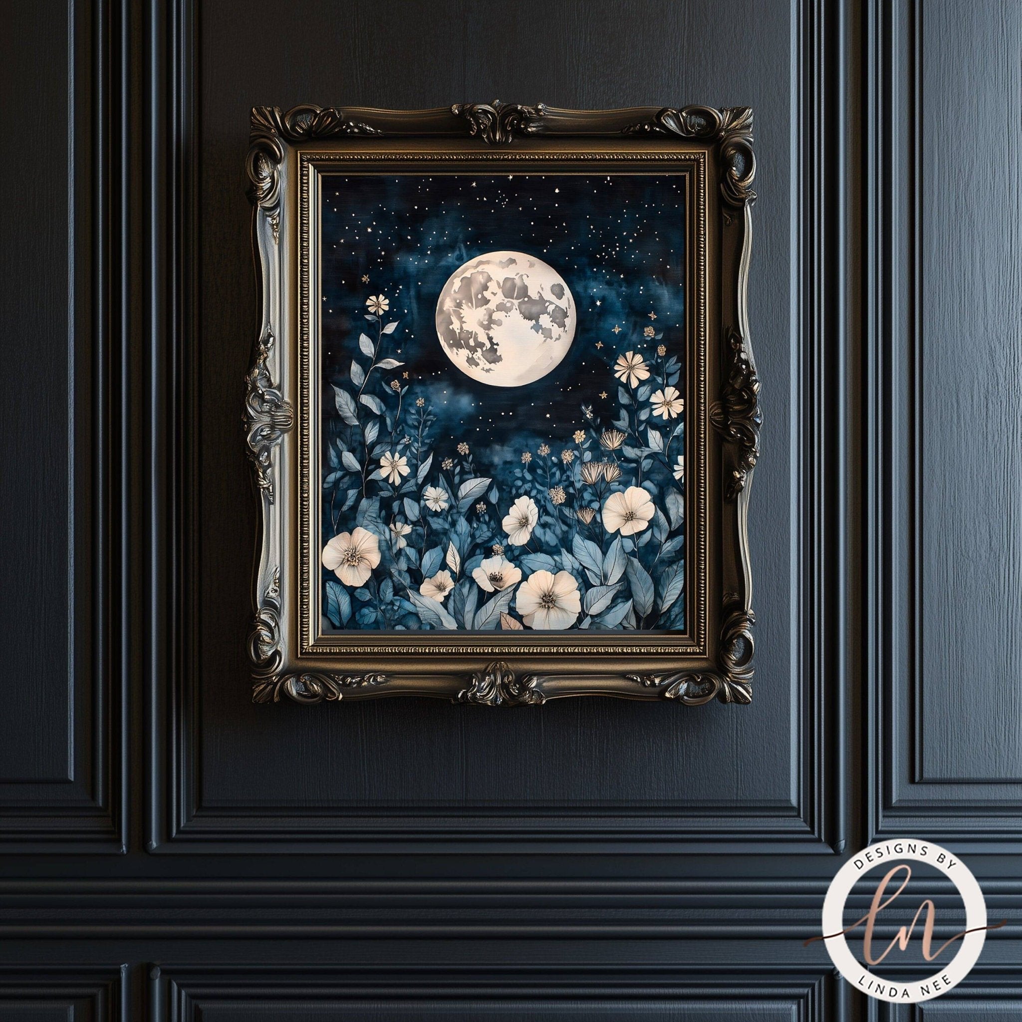 Full Moon Celestial Botanical Wall Art Print - Available on Metal or Fine Art Paper