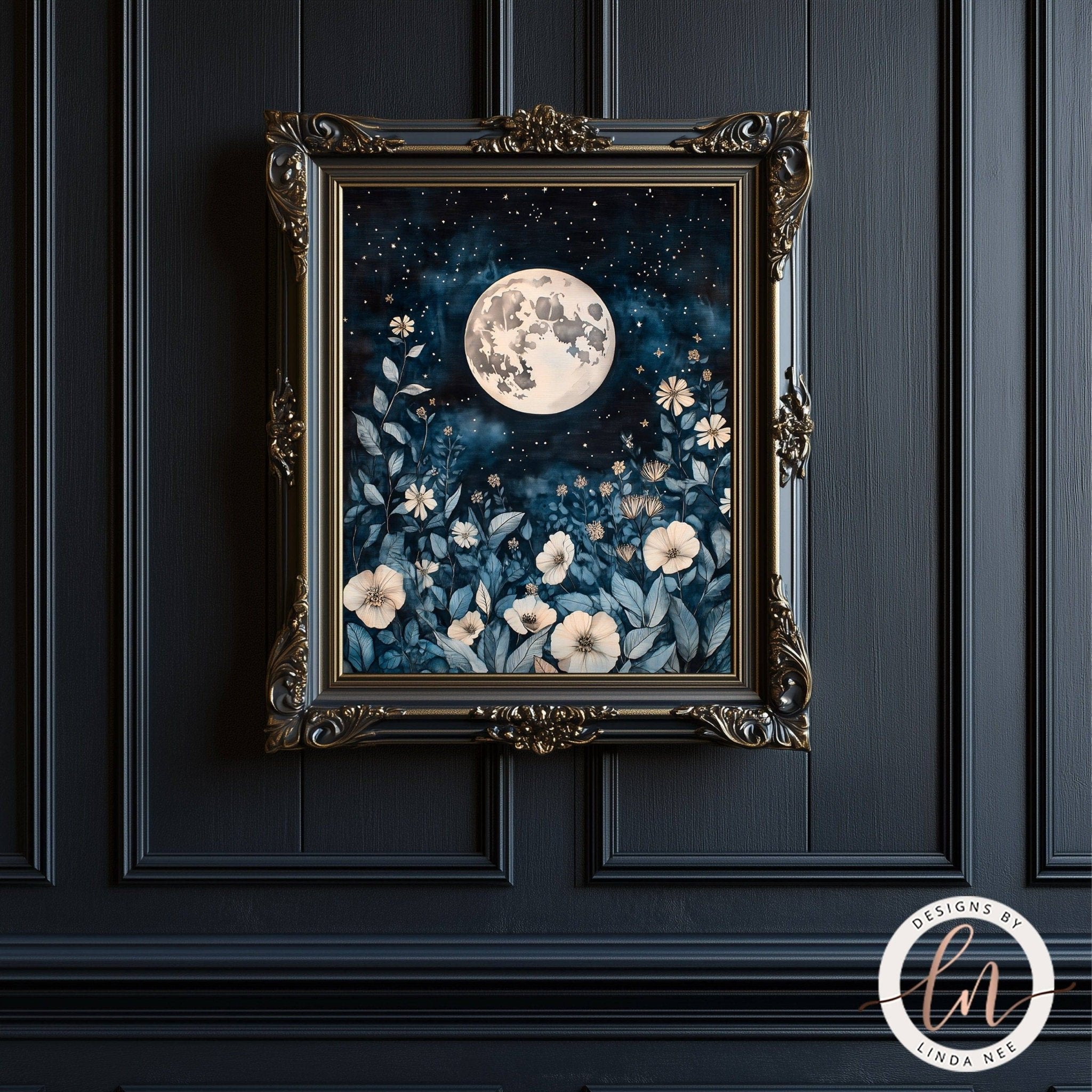 Full Moon Celestial Botanical Wall Art Print - Available on Metal or Fine Art Paper