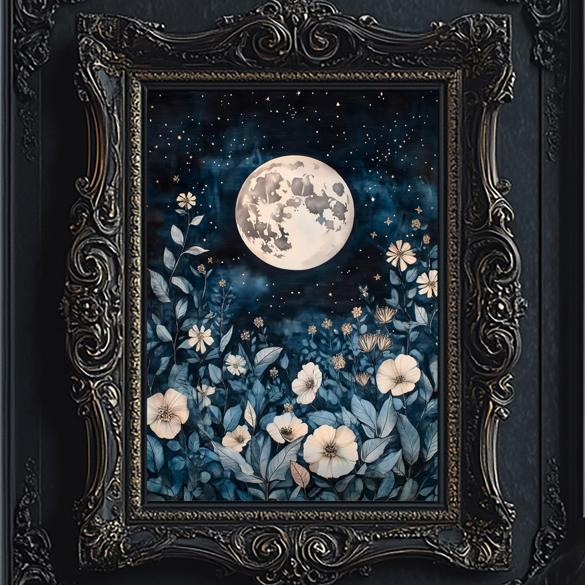 Full Moon Celestial Botanical Wall Art Print - Available on Metal or Fine Art Paper