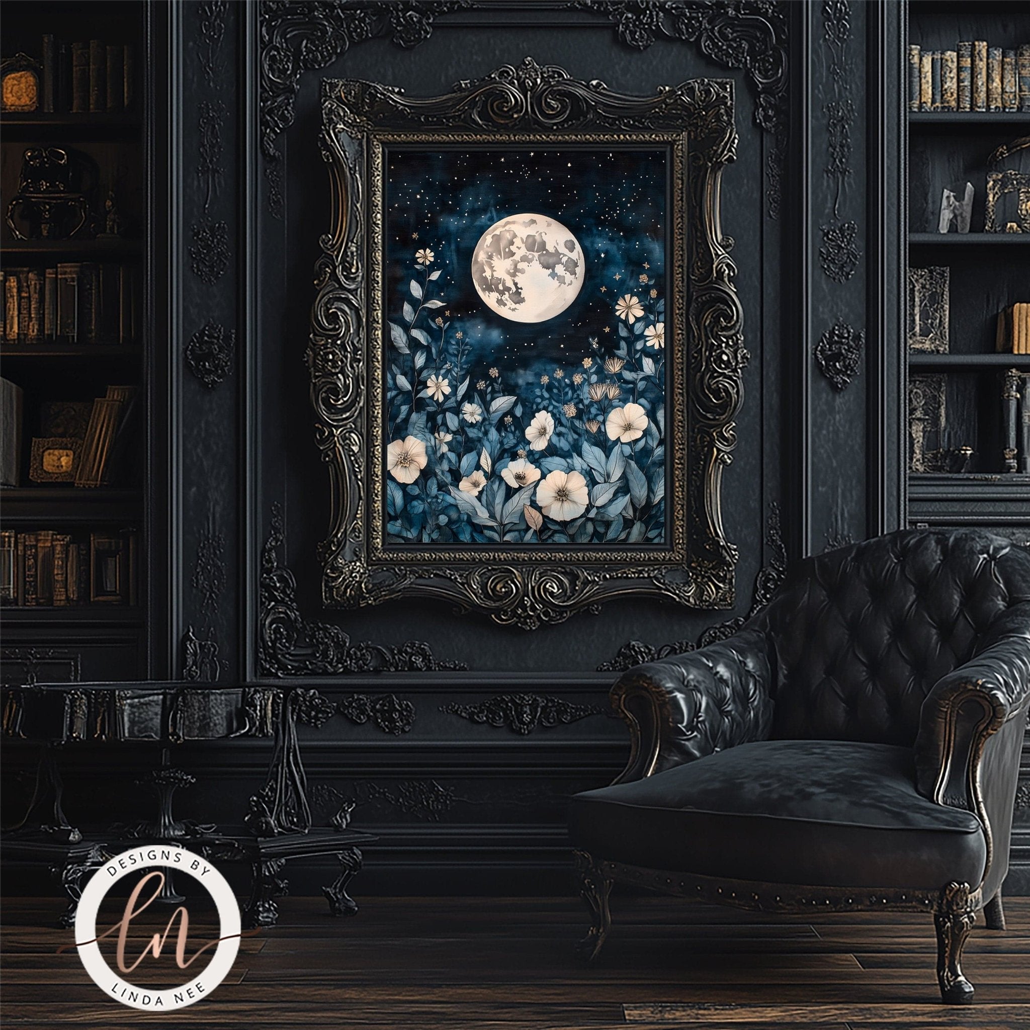 Full Moon Celestial Botanical Wall Art Print - Available on Metal or Fine Art Paper