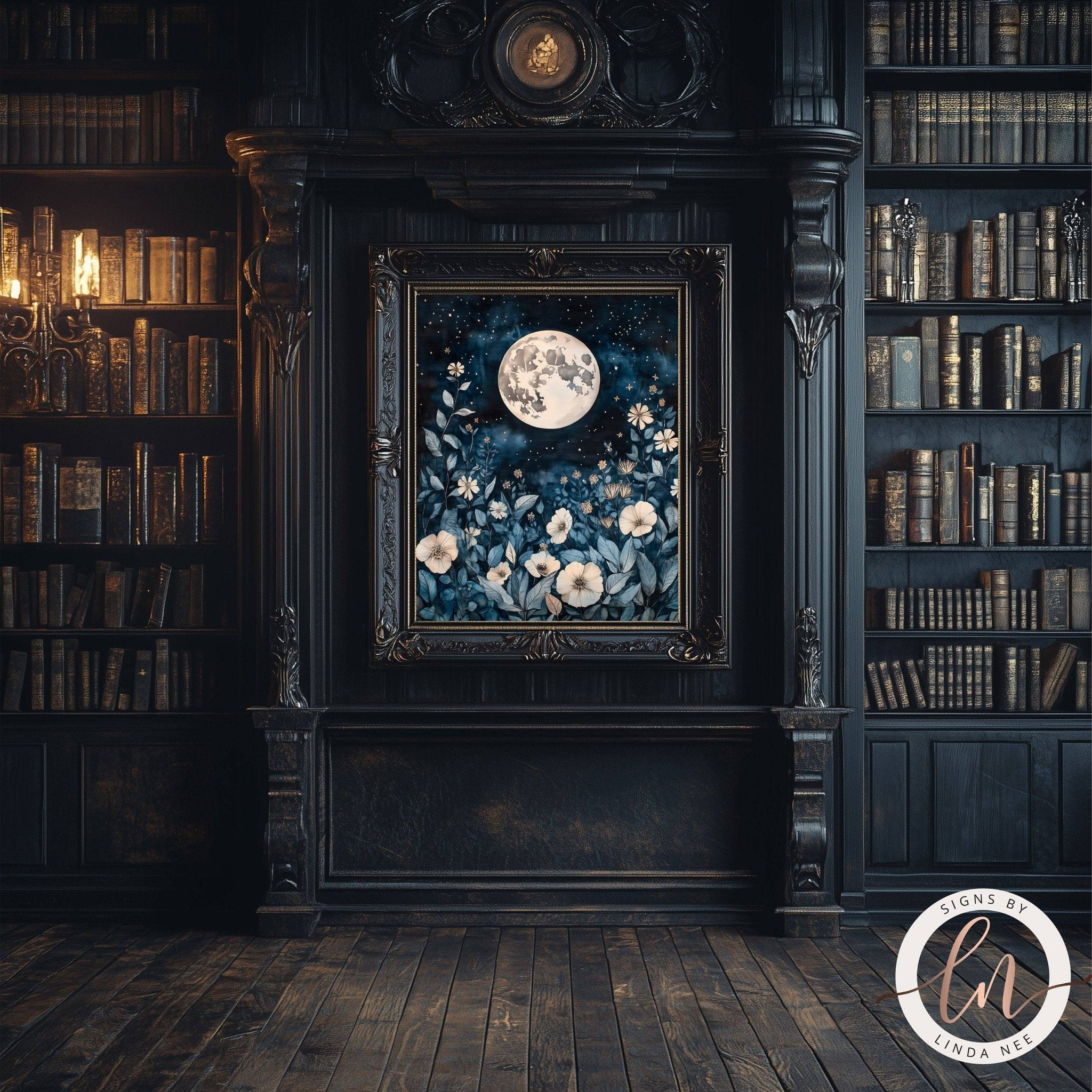 Full Moon Celestial Botanical Wall Art Print - Available on Metal or Fine Art Paper