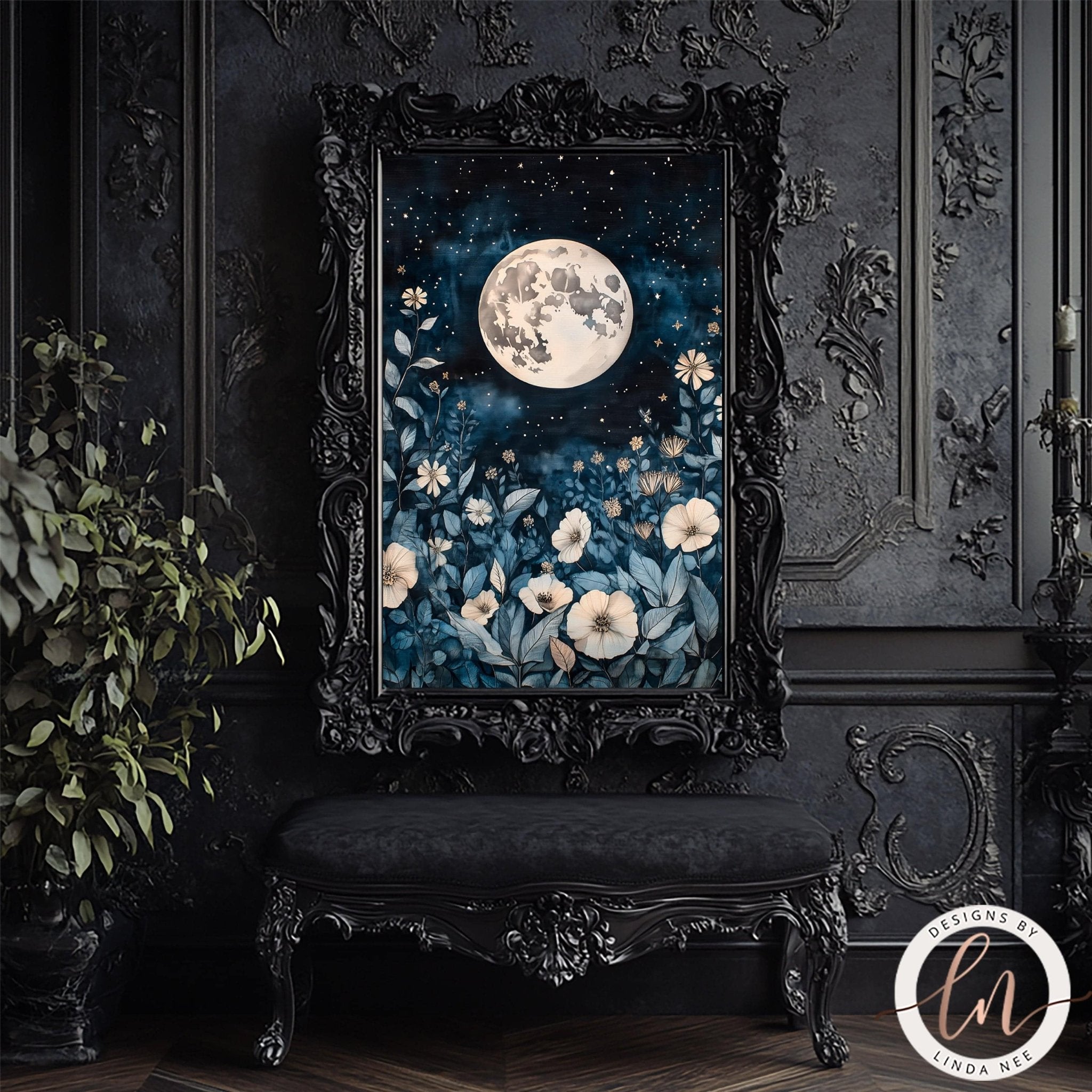 Full Moon Celestial Botanical Wall Art Print - Available on Metal or Fine Art Paper