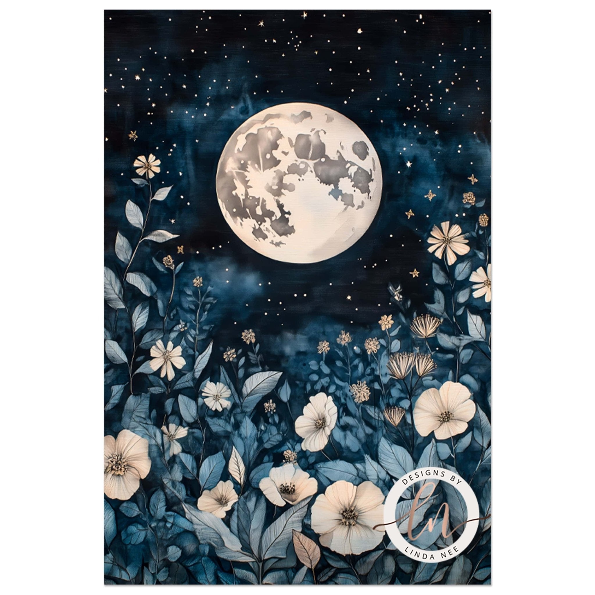 Full Moon Celestial Botanical Wall Art Print - Available on Metal or Fine Art Paper