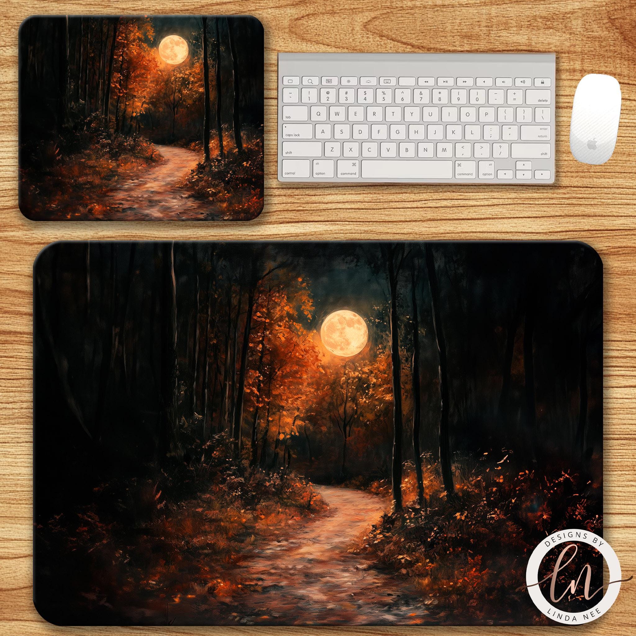 Full Moon Dark Forest Mousepad - Moody Fall Art Play mat