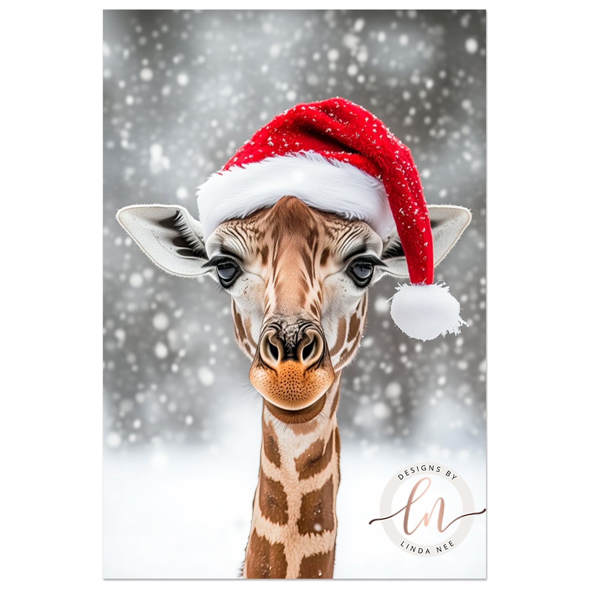 Giraffe in Santa Hat - Christmas Wall Art on Metal or Paper