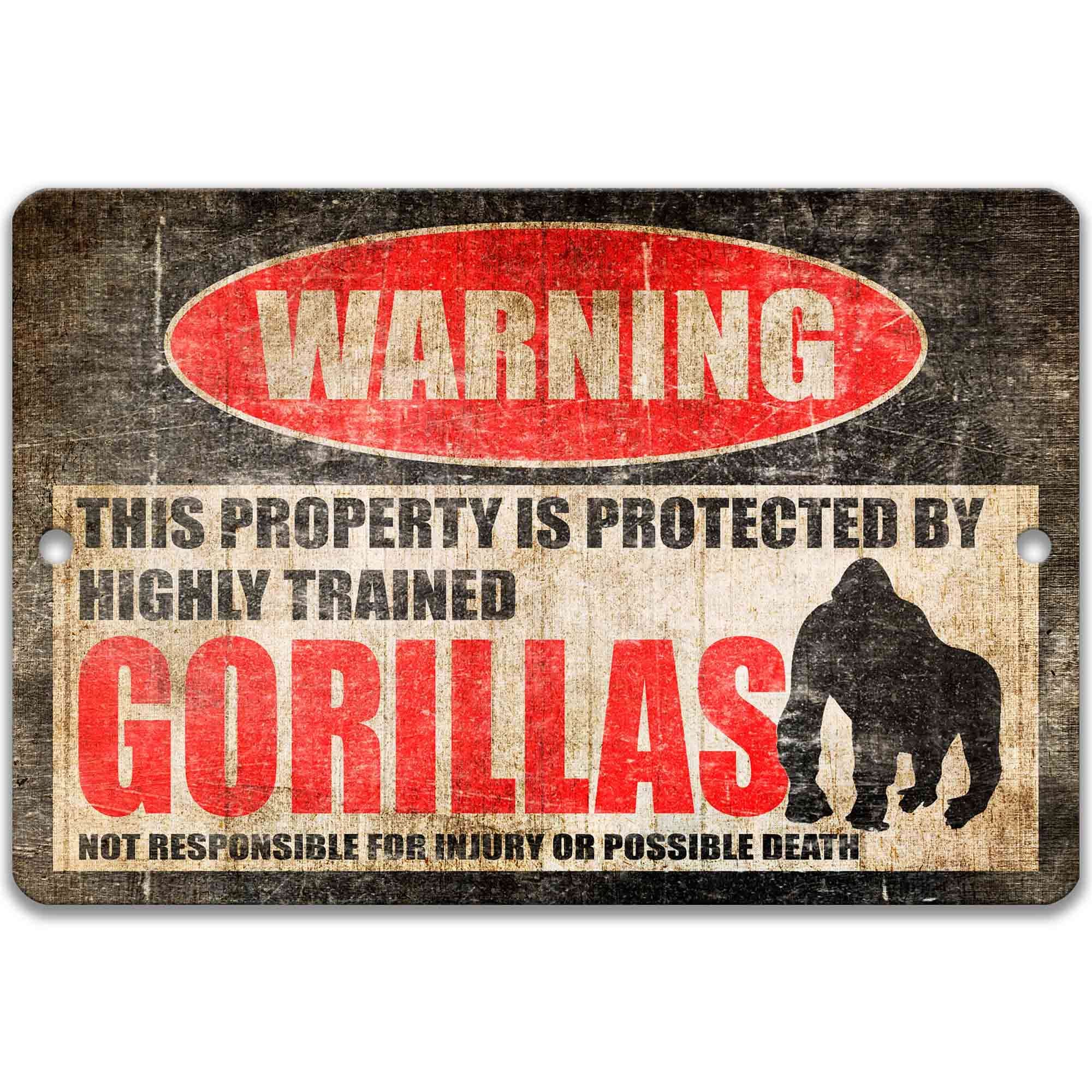 Gorillas Metal Sign Yard Decor - Warning with Humorous Twist