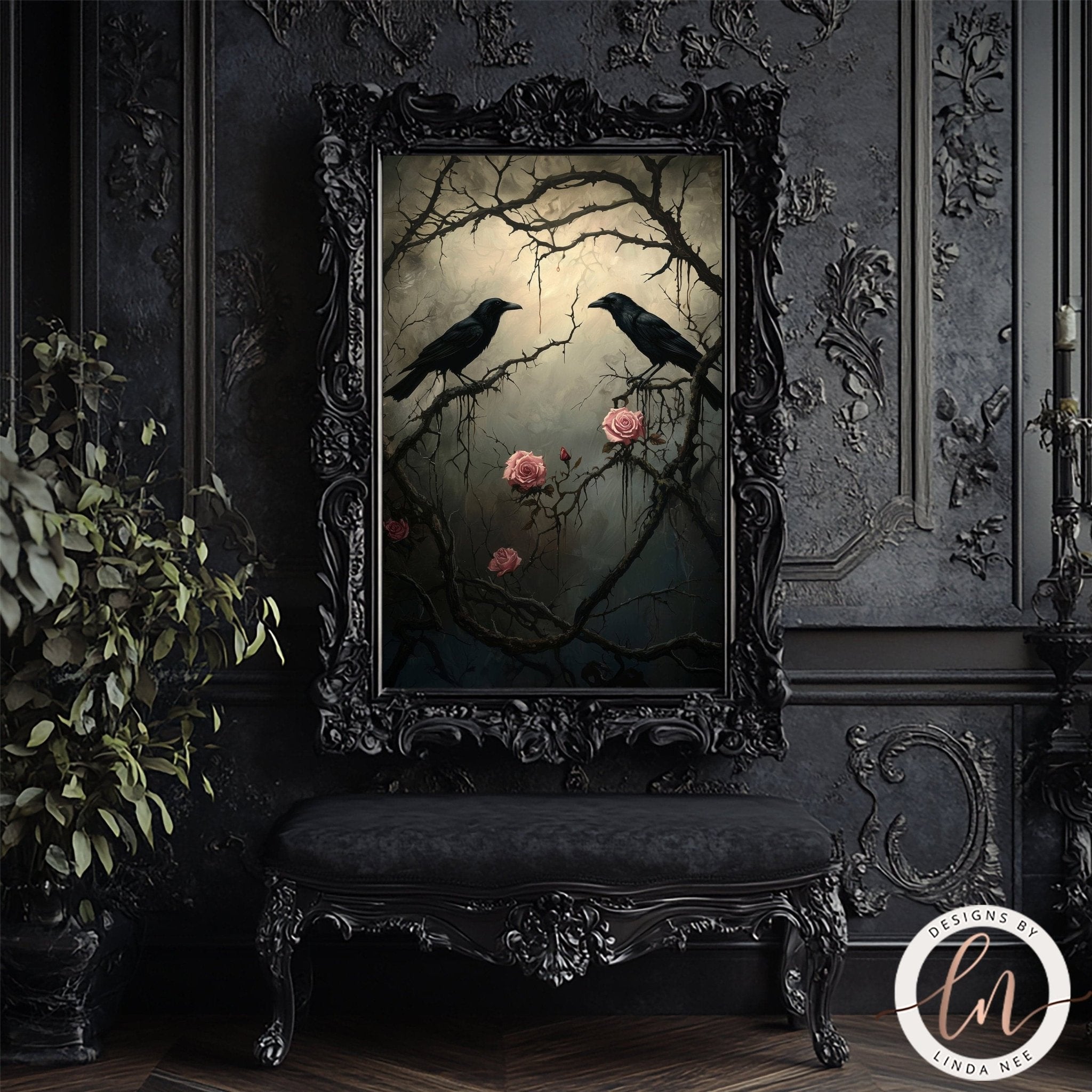 Gothic Romantic Raven Couple in Dark Forest Inspired by Edgar Allan Poe Wall Art Print - Available on Metal or Fine Art Paper