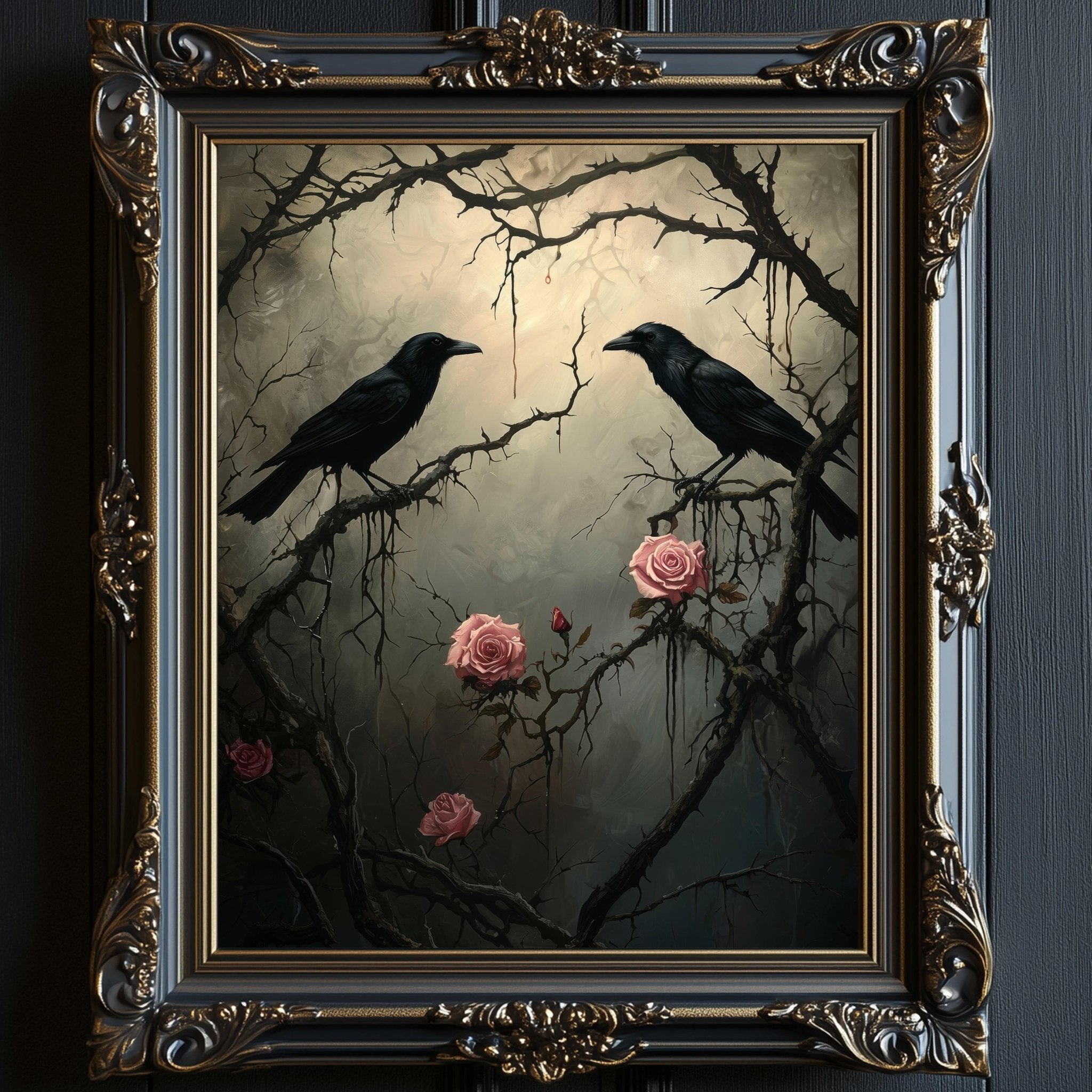 Gothic Romantic Raven Couple in Dark Forest Inspired by Edgar Allan Poe Wall Art Print - Available on Metal or Fine Art Paper