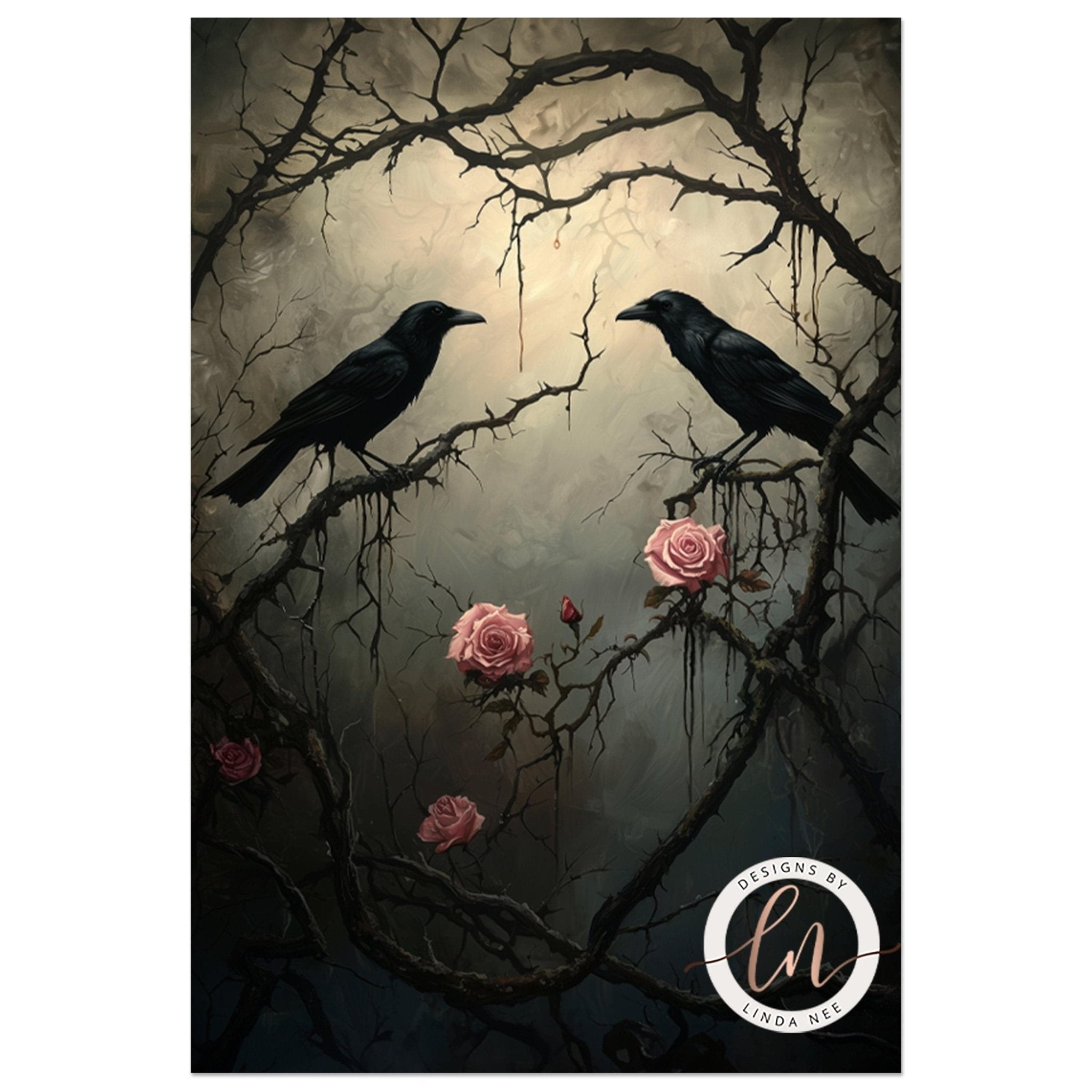 Gothic Romantic Raven Couple in Dark Forest Inspired by Edgar Allan Poe Wall Art Print - Available on Metal or Fine Art Paper