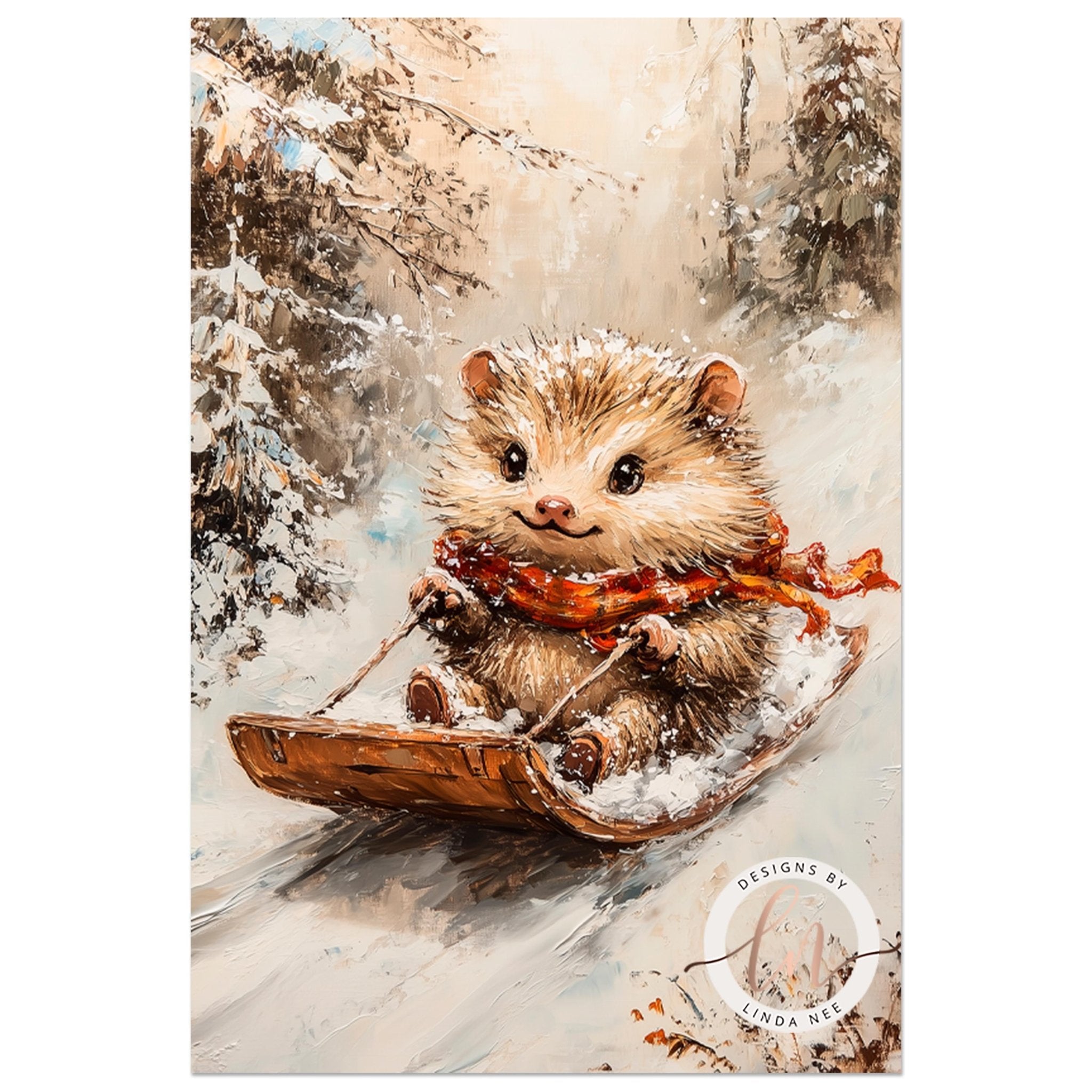 Hedgehog Sledding Winter Art - Metal & Fine Art Print