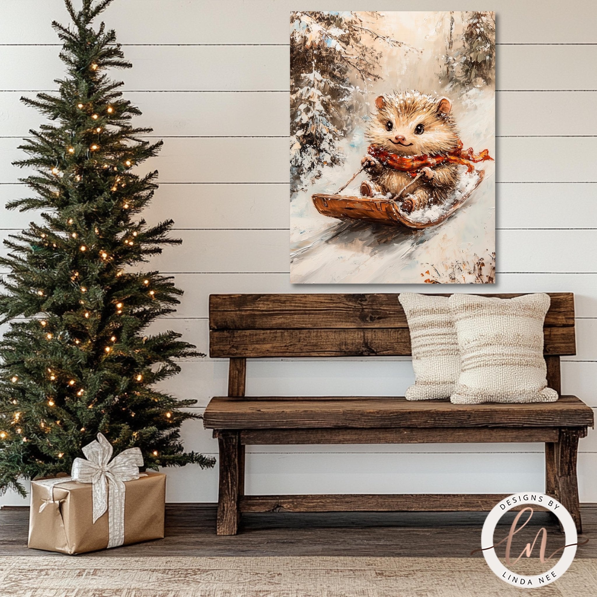 Hedgehog Sledding Winter Art - Metal & Fine Art Print