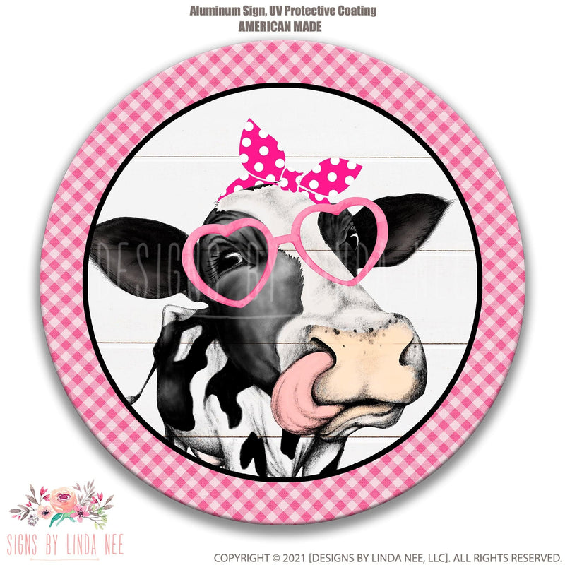 Cute Pink Heifer with Sunglasses Round Wreath Sign - Designs by Linda Nee