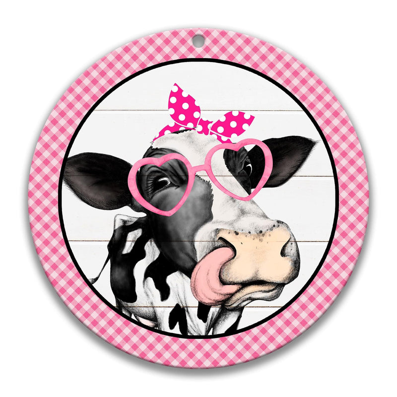 Cute Pink Heifer with Sunglasses Round Wreath Sign - Designs by Linda Nee