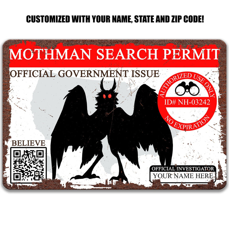 Custom Mothman Search Permit Sign, Personalized Cryptid Sign, Point Pleasant WV Cryptozoology Gift - Designs by Linda Nee