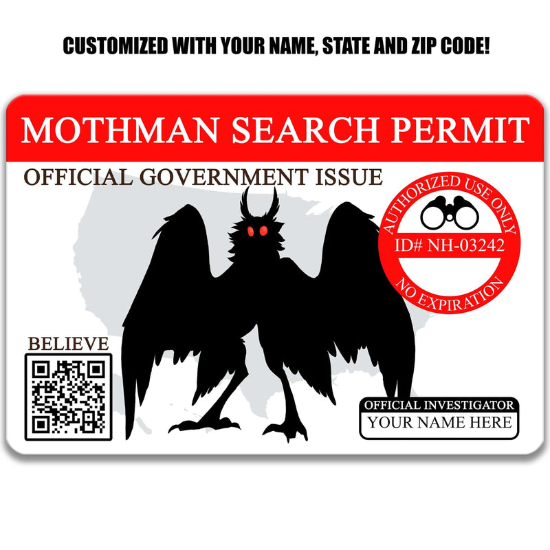 Custom Mothman Search Permit Sign, Personalized Cryptid Sign, Point Pleasant WV Cryptozoology Gift - Designs by Linda Nee