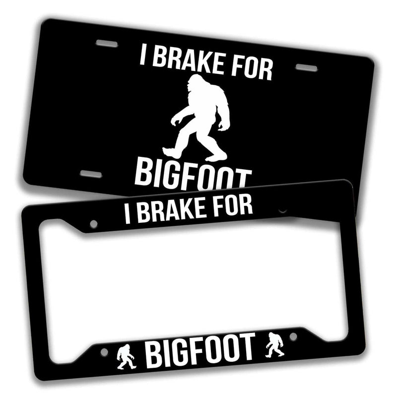 Bigfoot License Plate - I Break for Bigfoot License Plate Frame - Made in the USA - Bigfoot Car Tag - Designs by Linda Nee