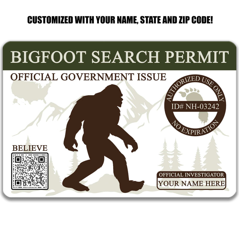 Bigfoot Search Permit Sign, Personalized Cryptid Sign, Cryptozoology Gift - Designs by Linda Nee