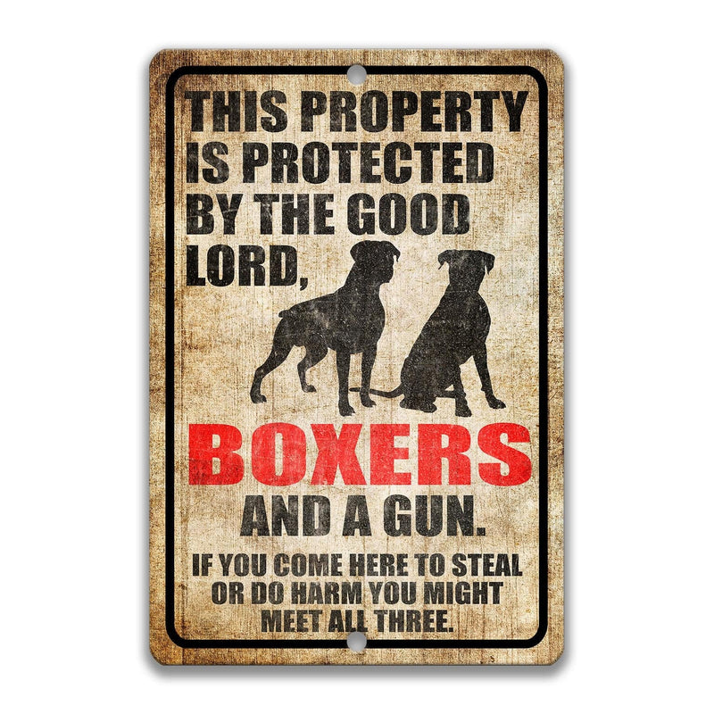 Property Protected by the Good Lord, Boxers, and a Gun Dog Sign - Designs by Linda Nee