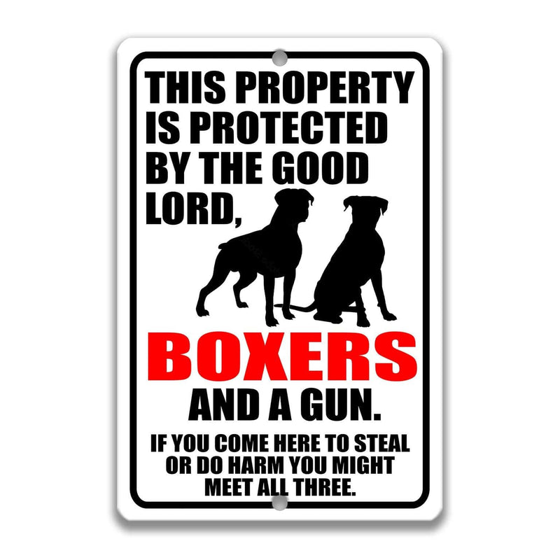 Property Protected by the Good Lord, Boxers, and a Gun Dog Sign - Designs by Linda Nee