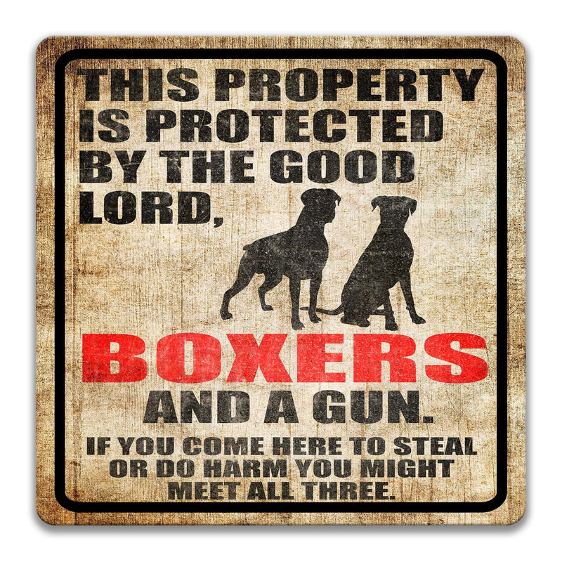 Property Protected by the Good Lord, Boxers, and a Gun Dog Sign - Designs by Linda Nee