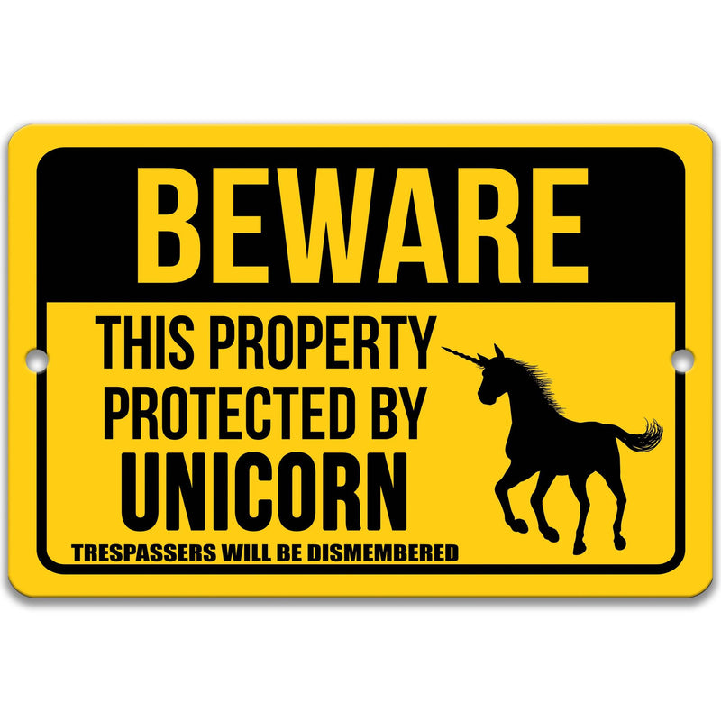 Beware This Property Protected by Unicorn No Trespassing Metal Sign - Designs by Linda Nee