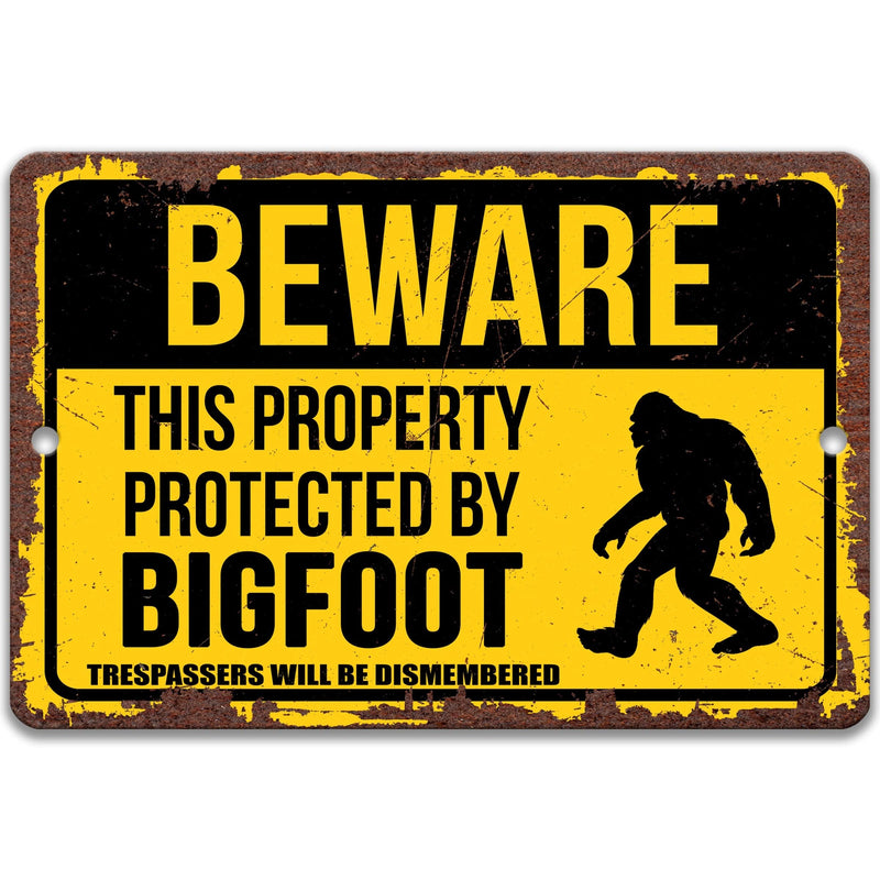 Beware This Property Protected by Bigfoot No Trespassing Metal Sign - Designs by Linda Nee