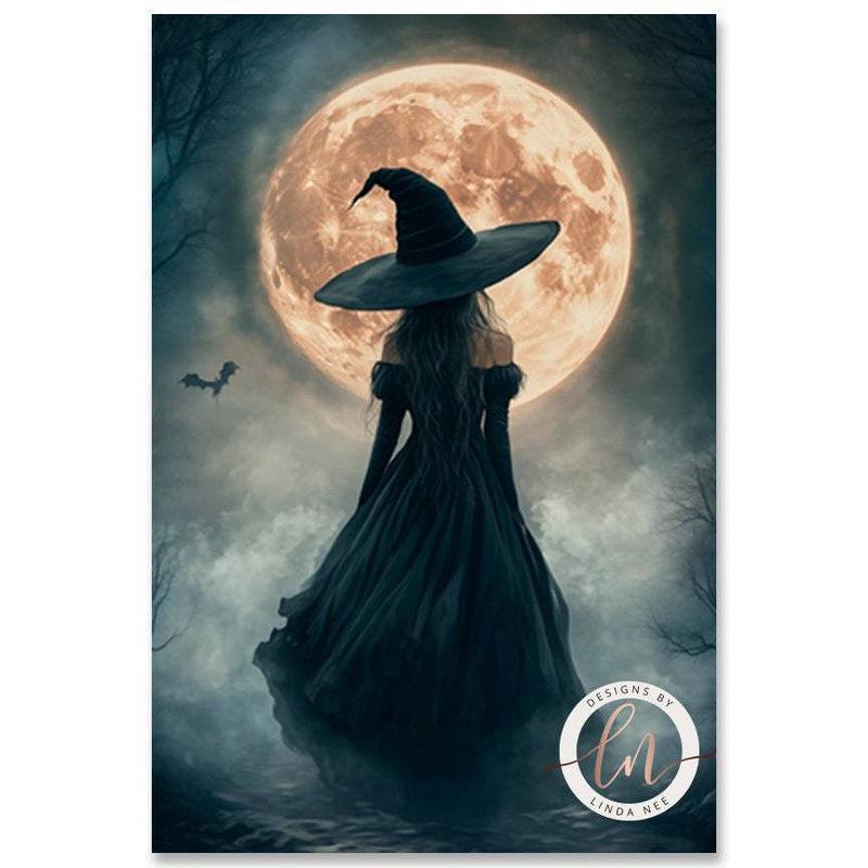 Gothic Witch Full Moon Fantasy Dark Academia Wall Art Print - Available on Metal or Fine Art Paper - Designs by Linda Nee