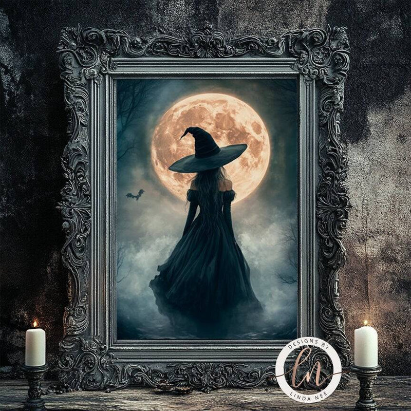 Gothic Witch Full Moon Fantasy Dark Academia Wall Art Print - Available on Metal or Fine Art Paper - Designs by Linda Nee