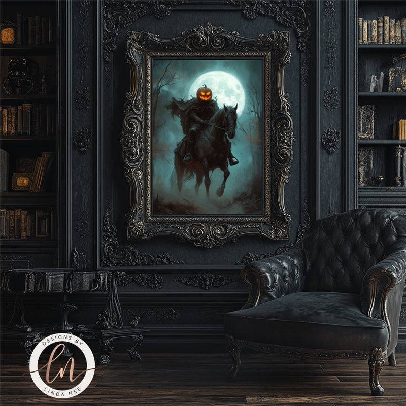 Headless Horseman Halloween Samhain Wall Art Print - Available on Metal or Fine Art Paper - Designs by Linda Nee