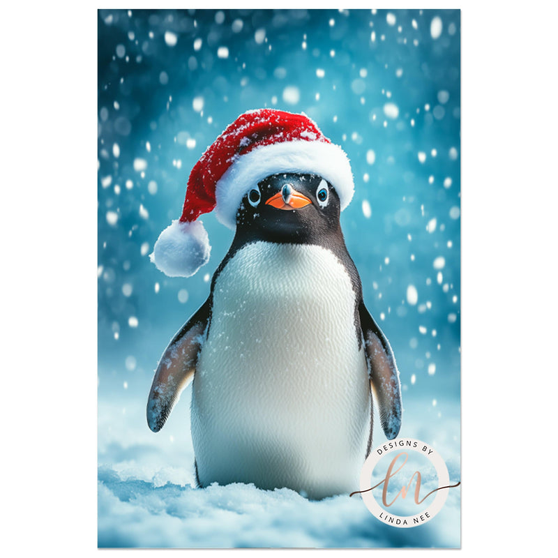 Cute Penguin Wearing a Santa Hat Christmas Wall Art Print - Available on Metal or Fine Art Paper - Designs by Linda Nee