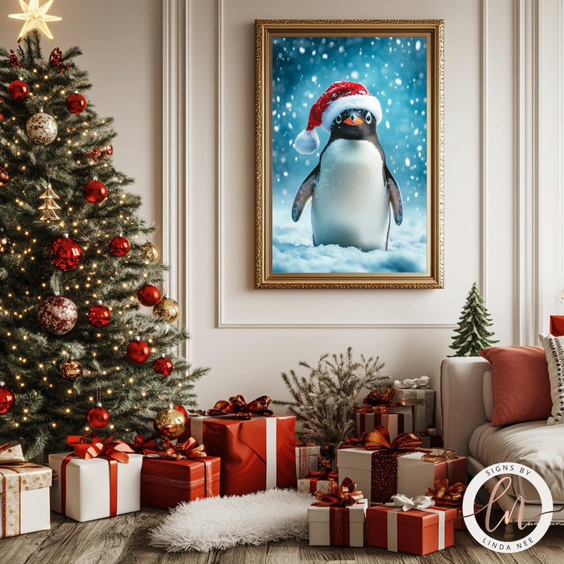 Cute Penguin Wearing a Santa Hat Christmas Wall Art Print - Available on Metal or Fine Art Paper - Designs by Linda Nee