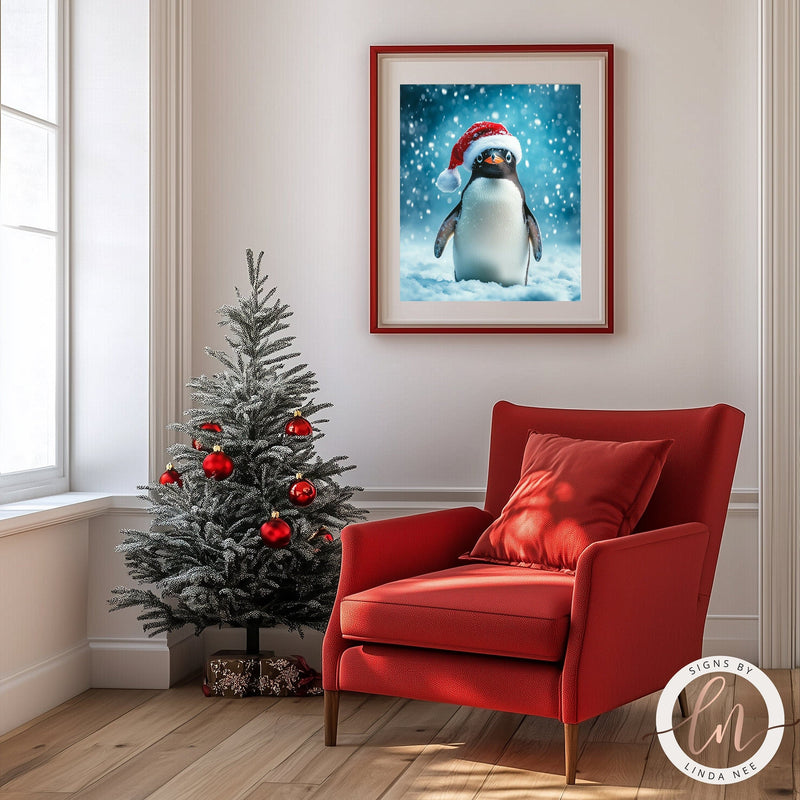 Cute Penguin Wearing a Santa Hat Christmas Wall Art Print - Available on Metal or Fine Art Paper - Designs by Linda Nee