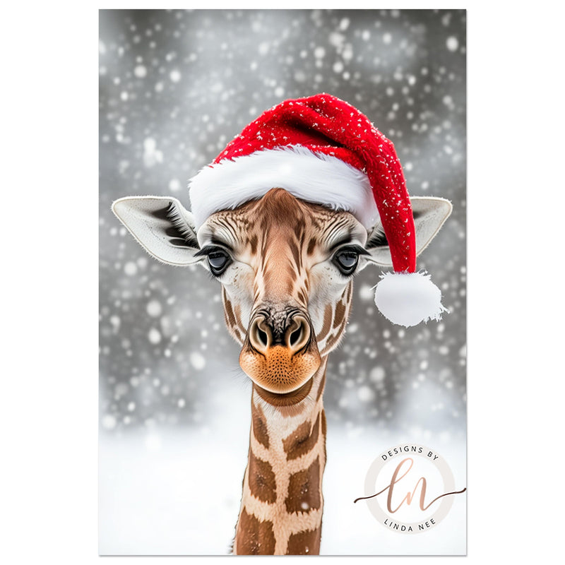 Cute Giraffe Wearing a Santa Hat Christmas Wall Art Print - Available on Metal or Fine Art Paper - Designs by Linda Nee