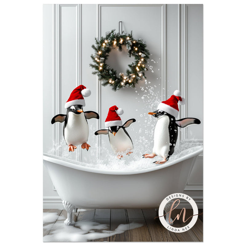 Cute Penguins in a Vintage Tub Christmas Bathroom Wall Art Print - Available on Metal or Fine Art Paper - Designs by Linda Nee