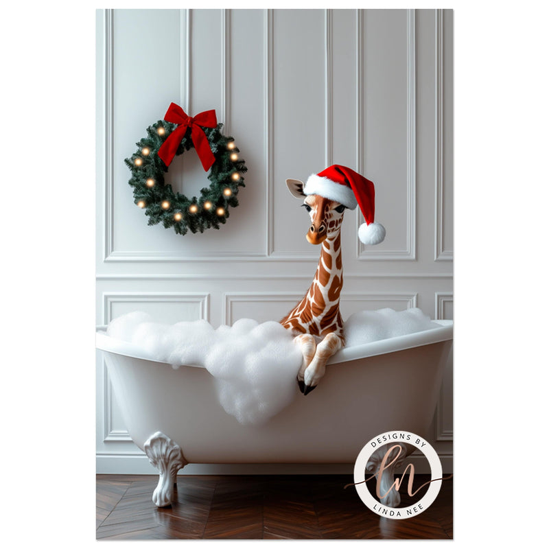 Cute Giraffe Wearing a Santa Hat in Tub Christmas Bathroom Wall Art Print - Available on Metal or Fine Art Paper - Designs by Linda Nee