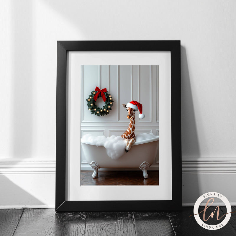 Cute Giraffe Wearing a Santa Hat in Tub Christmas Bathroom Wall Art Print - Available on Metal or Fine Art Paper - Designs by Linda Nee