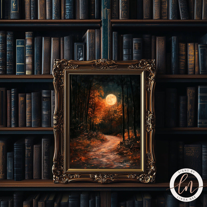 Autumn Full Moon Dark Forest Wall Art Print - Available on Metal or Fine Art Paper - Designs by Linda Nee