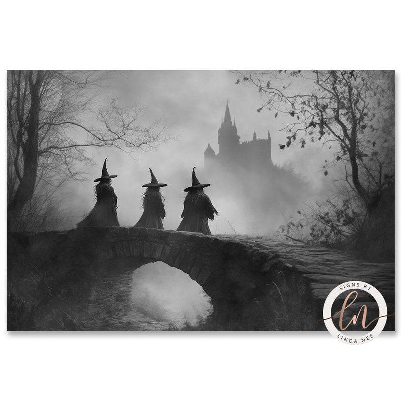 Vintage Witches in the Forest Black and White Sepia Wall Art Print - Available on Metal or Fine Art Paper - Designs by Linda Nee