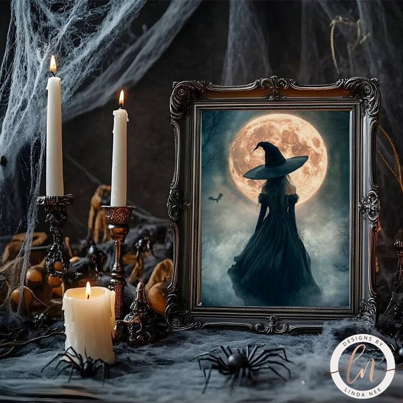 Gothic Witch Full Moon Fantasy Dark Academia Wall Art Print - Available on Metal or Fine Art Paper - Designs by Linda Nee