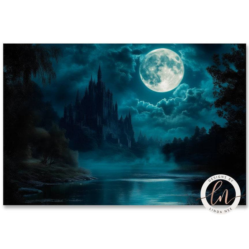 Gothic Castle Moonlit Night Wall Art Print - Available on Metal or Fine Art Paper - Designs by Linda Nee