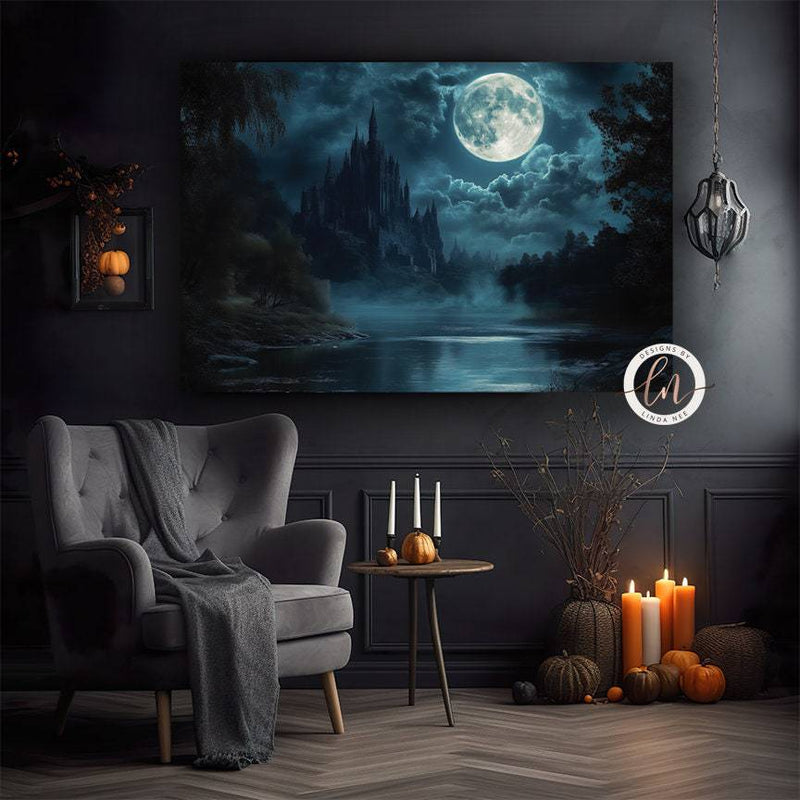 Gothic Castle Moonlit Night Wall Art Print - Available on Metal or Fine Art Paper - Designs by Linda Nee