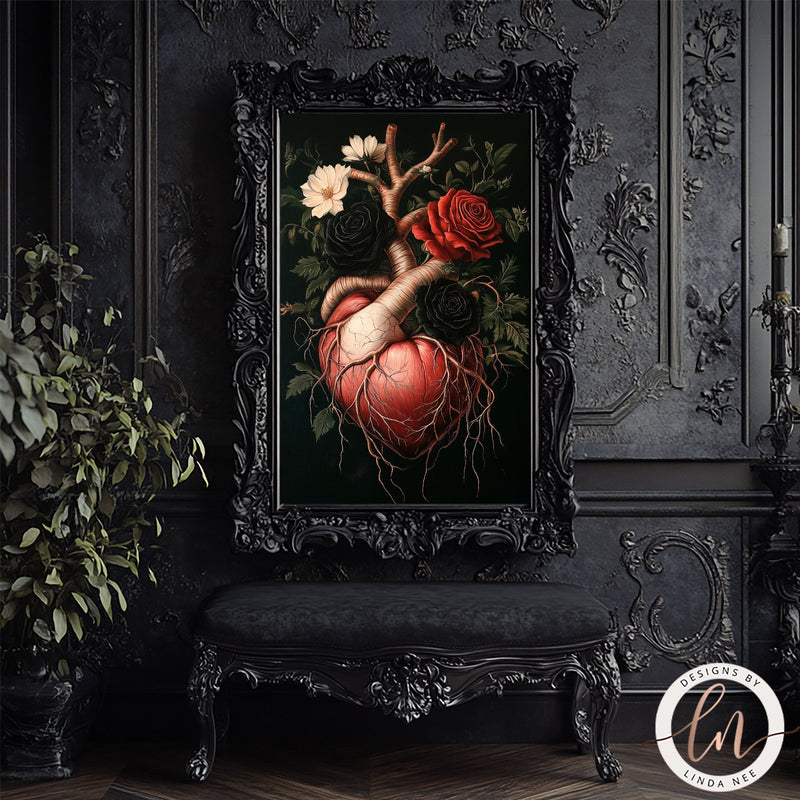 Dark Academia Human Anatomical Heart with Roses Dark Academia Wall Art Print - Available on Metal or Fine Art Paper - Designs by Linda Nee