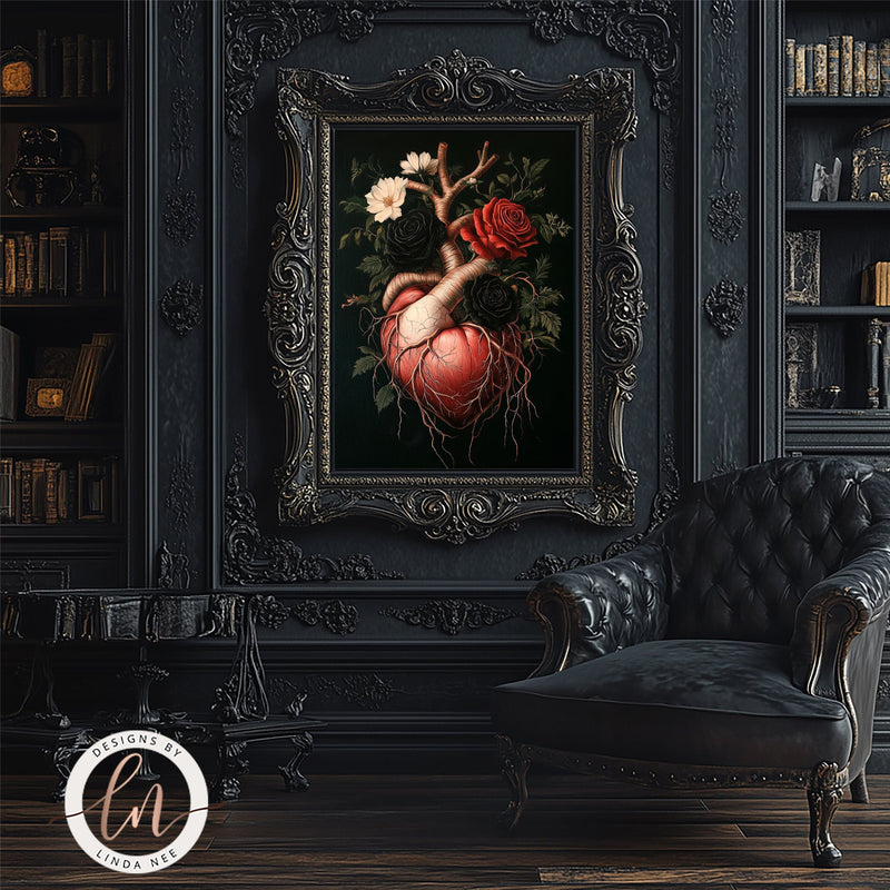 Dark Academia Human Anatomical Heart with Roses Dark Academia Wall Art Print - Available on Metal or Fine Art Paper - Designs by Linda Nee