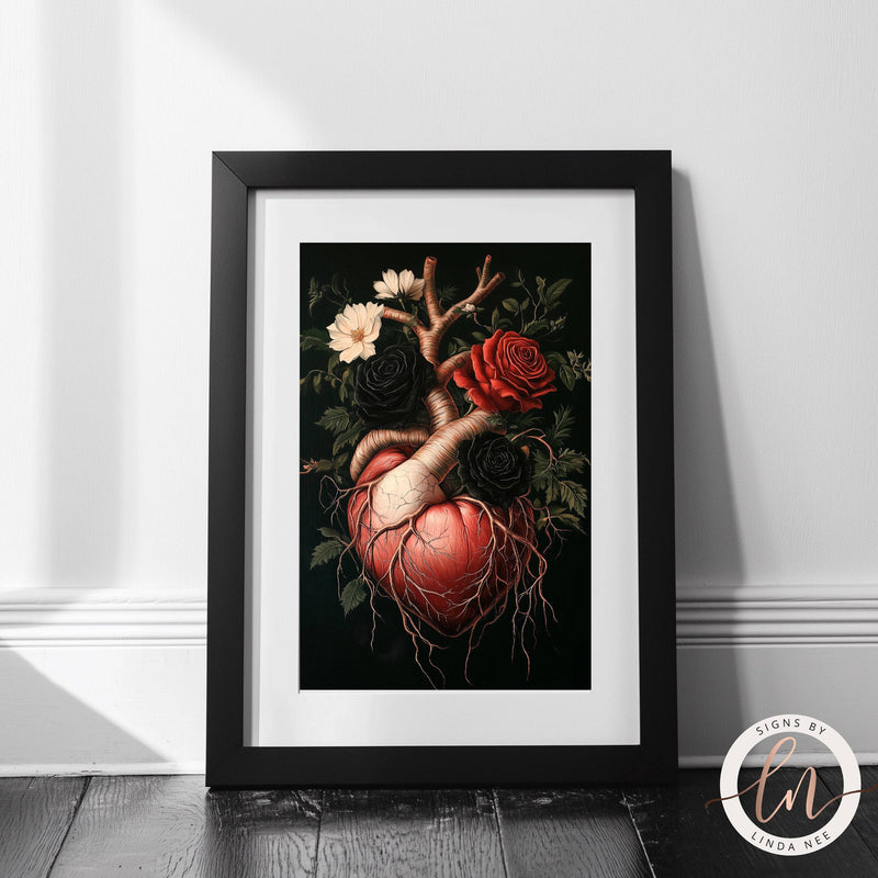 Dark Academia Human Anatomical Heart with Roses Dark Academia Wall Art Print - Available on Metal or Fine Art Paper - Designs by Linda Nee