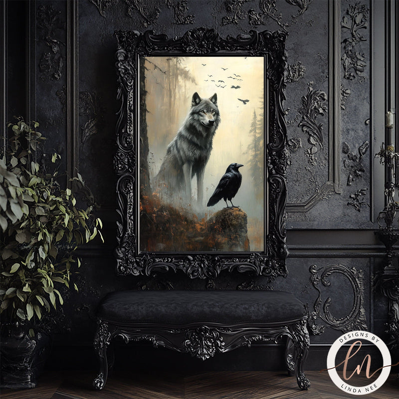 Dark Norse Fantasy Wolf and Raven Wall Art Print - Available on Metal or Fine Art Paper - Designs by Linda Nee