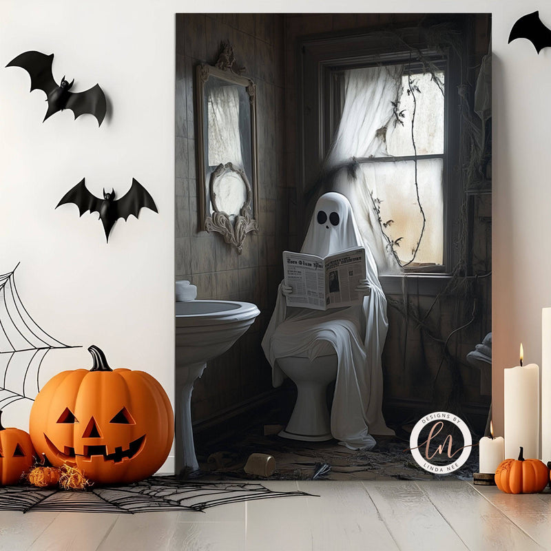 Ghost on Toilet in Bathroom Reading Newspaper Wall Art Print - Available on Metal or Fine Art Paper - Designs by Linda Nee