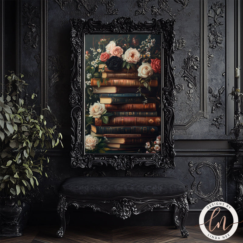 Dark Academia Vintage Stack of Books Gothic Wall Art Print - Available on Metal or Fine Art Paper - Designs by Linda Nee