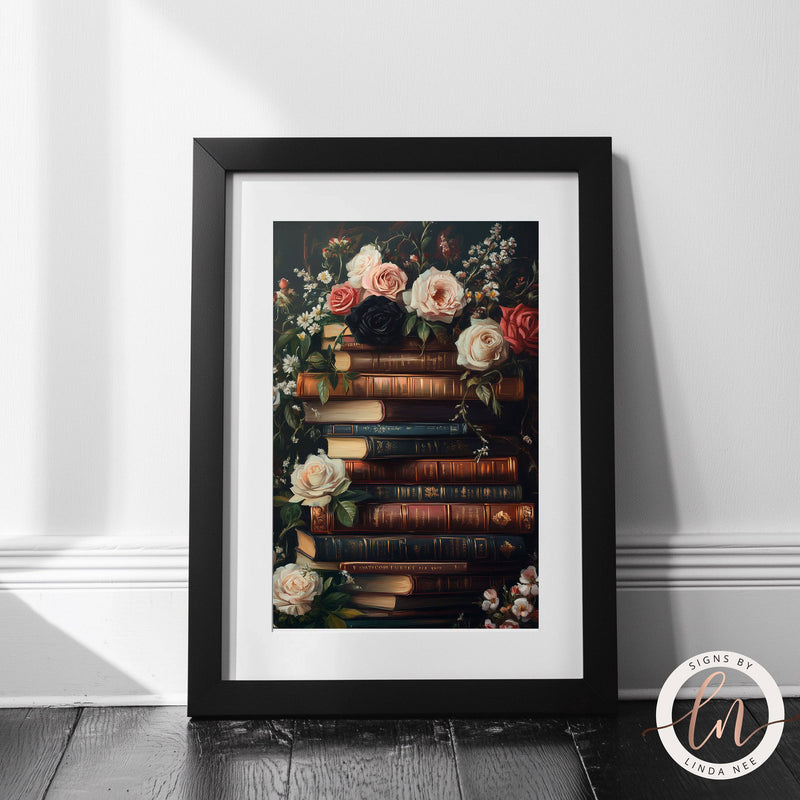 Dark Academia Vintage Stack of Books Gothic Wall Art Print - Available on Metal or Fine Art Paper - Designs by Linda Nee