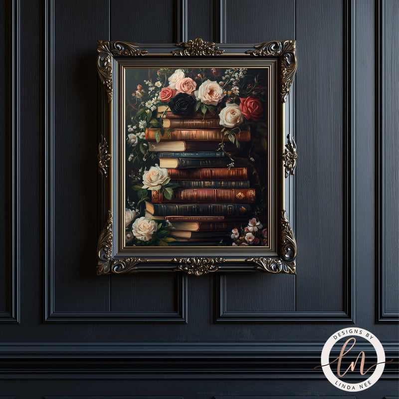 Dark Academia Vintage Stack of Books Gothic Wall Art Print - Available on Metal or Fine Art Paper - Designs by Linda Nee